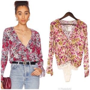 FREE PEOPLE Heat Wave Pink Floral Long Sleeve Bodysuit Thong Crochet Lace New